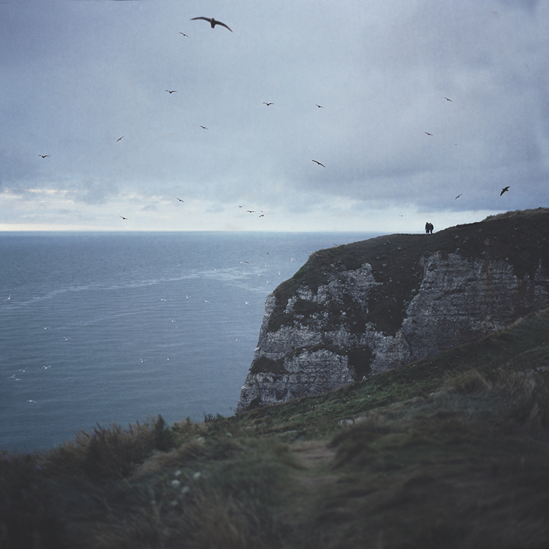 A dramatic coastal cliff with birds flying overhead and two tiny silhouetted figures on the edge, overlooking the ocean under a pale sky, painted in muted slate blues and warm earth tones, contemplative and quiet mood, matte gouache poster style.